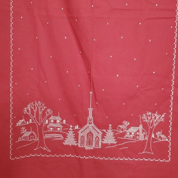 Vintage Cross Stitch Tablecloth Church Village Scene Christmas Trees Red White - Picture 1 of 4